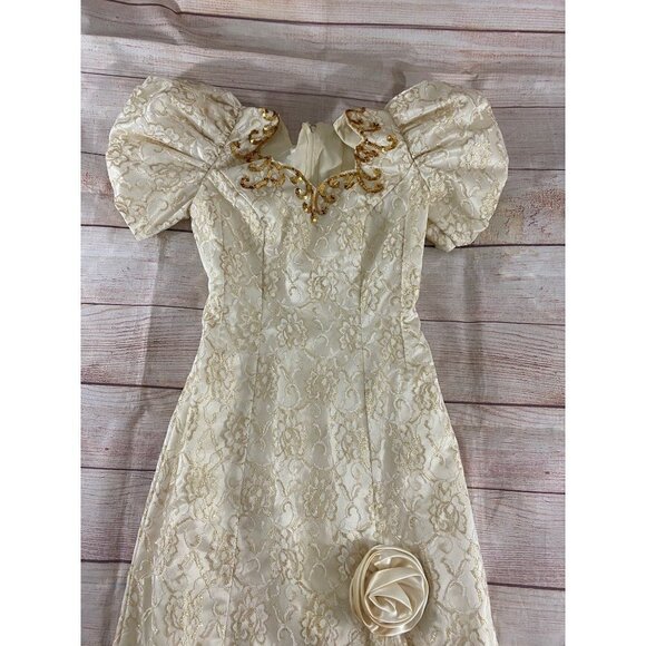 Vintage Mike Benet Formals Ivory Puff Sleeves Gown With Gold Trim - Small - Picture 3 of 14